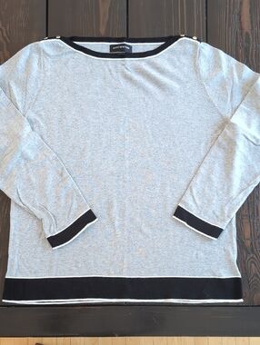 Jones New York Light Gray Sweater with Black Trim and Gold Buttons